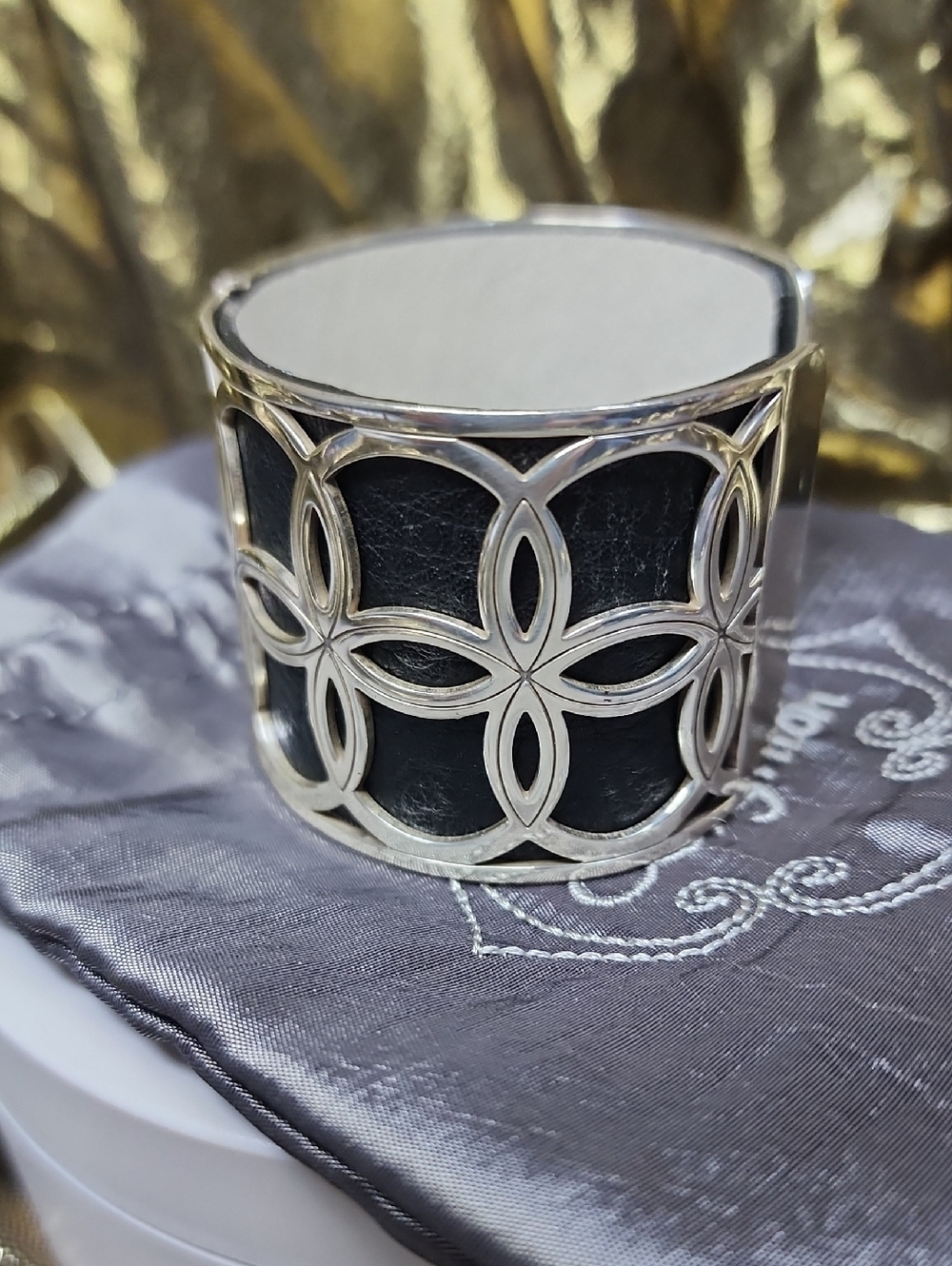 Brighton Silver-Tone Black Leather Floral Cuff Bracelet With Gray Brighton Bag - Picture 6 of 11